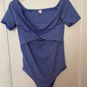 Blue and white striped body suit with buttons